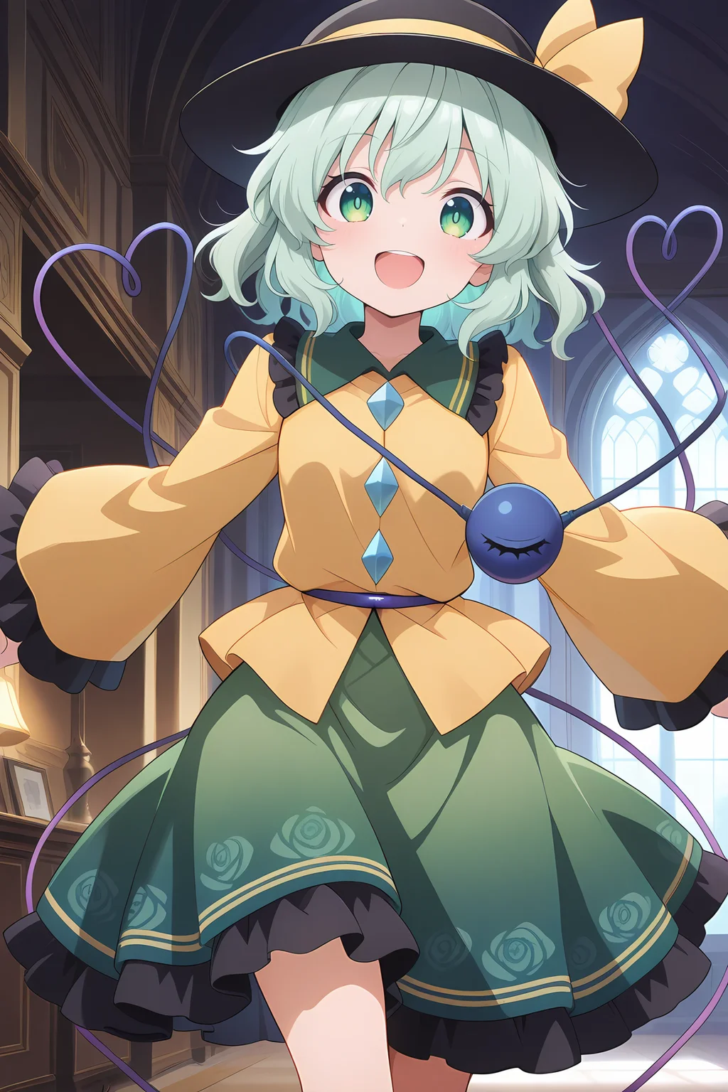absurdres, highres, masterpiece, best quality, amazing quality, official anime artwork, screencap, anime screencap, indoors, palace, dark, office, dynamic pose, looking at viewer,
 <lora:Komeiji-Koishi_illustrious:1> komeiji koishi, 1girl, solo, third eye, eyeball, heart of string, green hair, green eyes,, yellow shirt, black hat, frilled sleeves, frilled shirt collar, wide sleeves, hat bow, green skirt,  yellow bow, hat ribbon, diamond button, yellow ribbon, smile, open mouth,