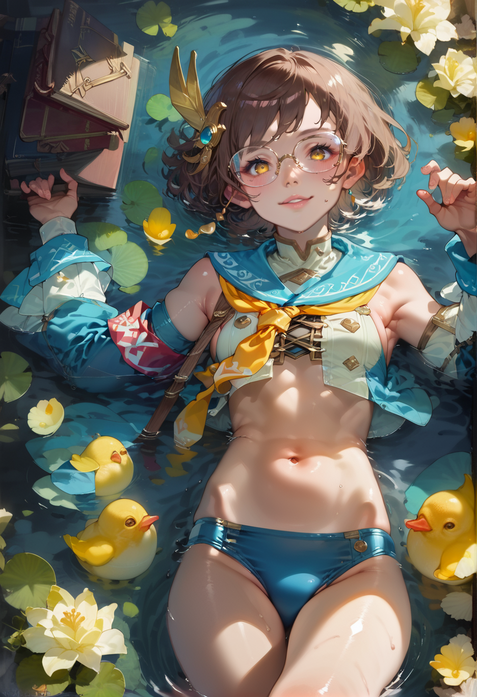 score_9, score_8_up, score_7_up, Expressiveh, <lora:Expressive_H:1> <lora:Chichae-MonsterHunter-Pony:1> chichae, glasses, yellow necktie, short hair, red armband on the left arm, feather hair ornament, neckerchief, puffy long sleeves, brown hair, young, solo, erotic, sexy pose,laying down,swimsuit, in water,layered sleeves,yellow eyes, flat chest, smile, lips, shiny skin  <lora:Anime Summer Days 2 Style SDXL_LoRA_Pony Diffusion V6 XL:0.8>, glow, book, huge bag
