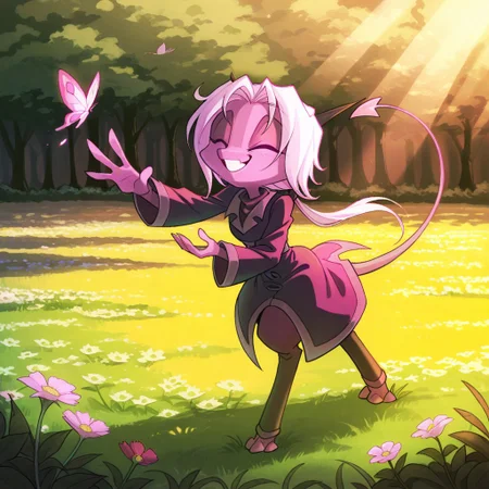 score_9, score_8_up, score_7_up,namah_calah,
1girl,solo,furry,tail, source_furry,horns,
,<lora:namah_calah_illustrious:0.8>,
child, kid,
butterfly, reaching out, outdoors, spring, flowers, smiling, gentle breeze, warm colors, soft shading, dreamy, nature, stands in a flower-filled meadow, reaching out with both hands to gently catch a butterfly. Her expression is full of wonder as the tiny creature flutters just beyond her grasp, bathed in soft sunlight