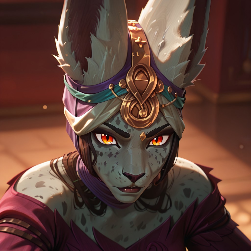 masterpiece, best quality, newest, absurdres, highres, anime, anime style, 1girl, LeastArcaneVastayaoutfit1, animal ears, furry female, long ears, grey skin, orange eyes, colored skin ears through headwear,