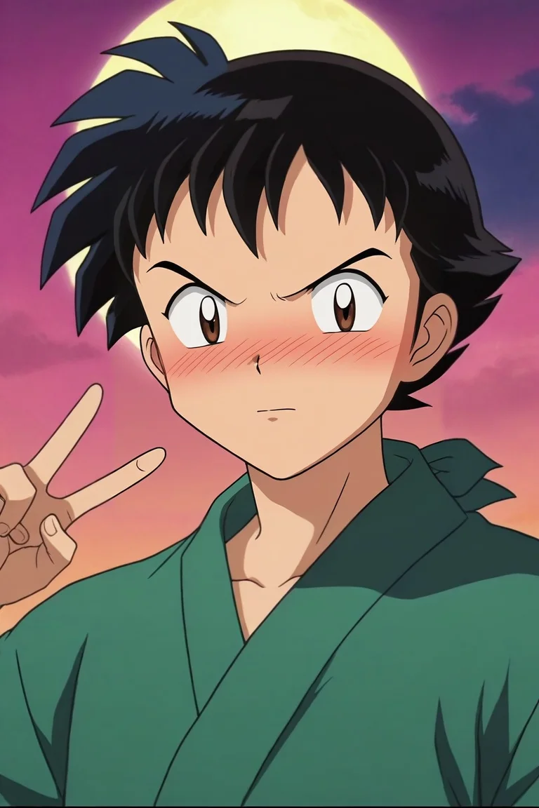 score_9, score_8_up, score_7_up, source_anime, rating_safe, anime screencap, , looking at viewer, , 1boy, ash ketchum, pokemon, black hair, brown eyes, solo, close-up, energy plant, night, full moon, v, peace sign, embarrassed, nose blush, <lora:inuyasha_style_pony:1>, inuyasha_style, , <lora:sdxl_lightning_8step_lora:1>