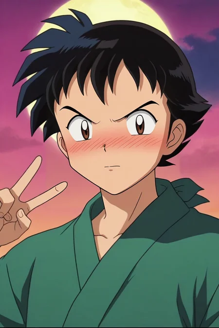 score_9, score_8_up, score_7_up, source_anime, rating_safe, anime screencap, , looking at viewer, , 1boy, ash ketchum, pokemon, black hair, brown eyes, solo, close-up, energy plant, night, full moon, v, peace sign, embarrassed, nose blush, <lora:inuyasha_style_pony:1>, inuyasha_style, , <lora:sdxl_lightning_8step_lora:1>