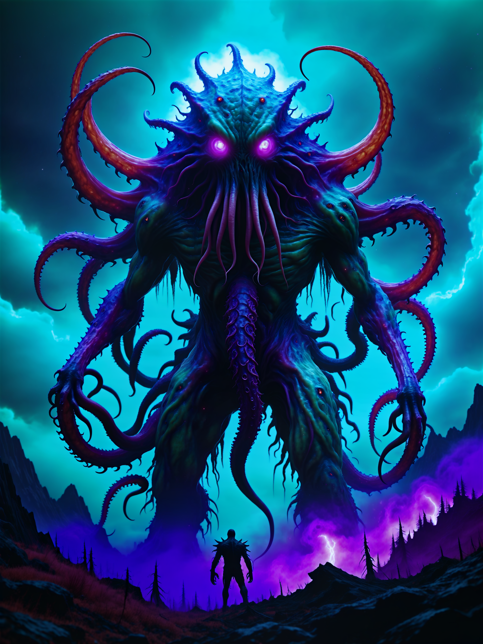 (movie poster style:1.2), realistic, inspired by (sylvain sarrailh:1.3) and (matt cavotta:1.1) and (carl critchlow:1.3), dramatic sky, lightning, full body view of a (gigantic:1.3) malevolent artialien titan with an aura of (lovecraftian cosmic horror:1.3) with (several enormous kraken-like tentacles:1.2) growing on its back, it has muscular arms with (huge claws:1.1), (translucent skin:1.3), (unholy glowing eyes with bright pupils:1.2), it is (exuding an aura of ominous eldritch energy:1.8), (surreal vegetation:1.2) on a (dark bizarre and otherworldly planet:1.2), (dramatic sky:1.3), tall cliffs, galactic nebula, demonic, glowing, bioluminescence, cthulhu mythos, (fractal:0.8), vntblk, sss, subsurface scattering, (teal:0.8), (purple:1.4), ultra detailed, overall_detail-xl-by_kaleidia <lora:subsurface_scattering_aka_what_does_the_snake_say-xl-by_ajuro:0.6> <lora:style-matte_black_contrast-xl-v3-by_tijuanaslumlord:0.76> <lora:realistic_alien-xl-by_artifyai:0.52> <lora:midjourney_mimic-xl-by_andrexsel:0.44> <lora:envybetterhiresfixxl01-xl:0.0:hr=1.0>