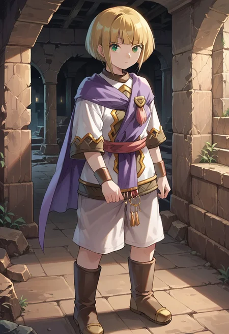score_8, score_8_up, score_7_up, source_anime, anime screenshot, 1girl, female focus, solo, Sheba_GS, blonde hair, bob cut, blunt bangs, side locks, short hair with long locks, green eyes, cape, brooch, tunic, short sleeves, sash, bracer, white shorts, shorts, knee boots, brown footwear, full body, standing, looking at viewer, indoors, ancient ruins, underground, stone wall, dark, dynamic lighting,