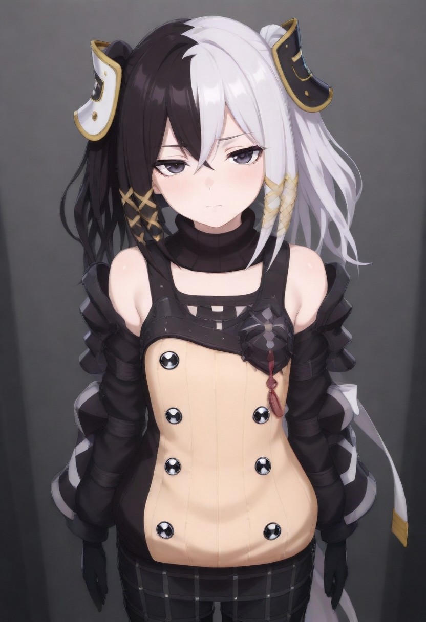 masterpiece, best quality, amazing quality,,, shiny skin,,,,,,<lora:Zesshi_Zetsumei:1> Z3ssh1Z3ts0m31, white hair, multicolored hair, black hair, long hair, two-tone hair, black eyes, gloves, jewelry, black gloves, hair ornament, skirt, pantyhose, ribbon,