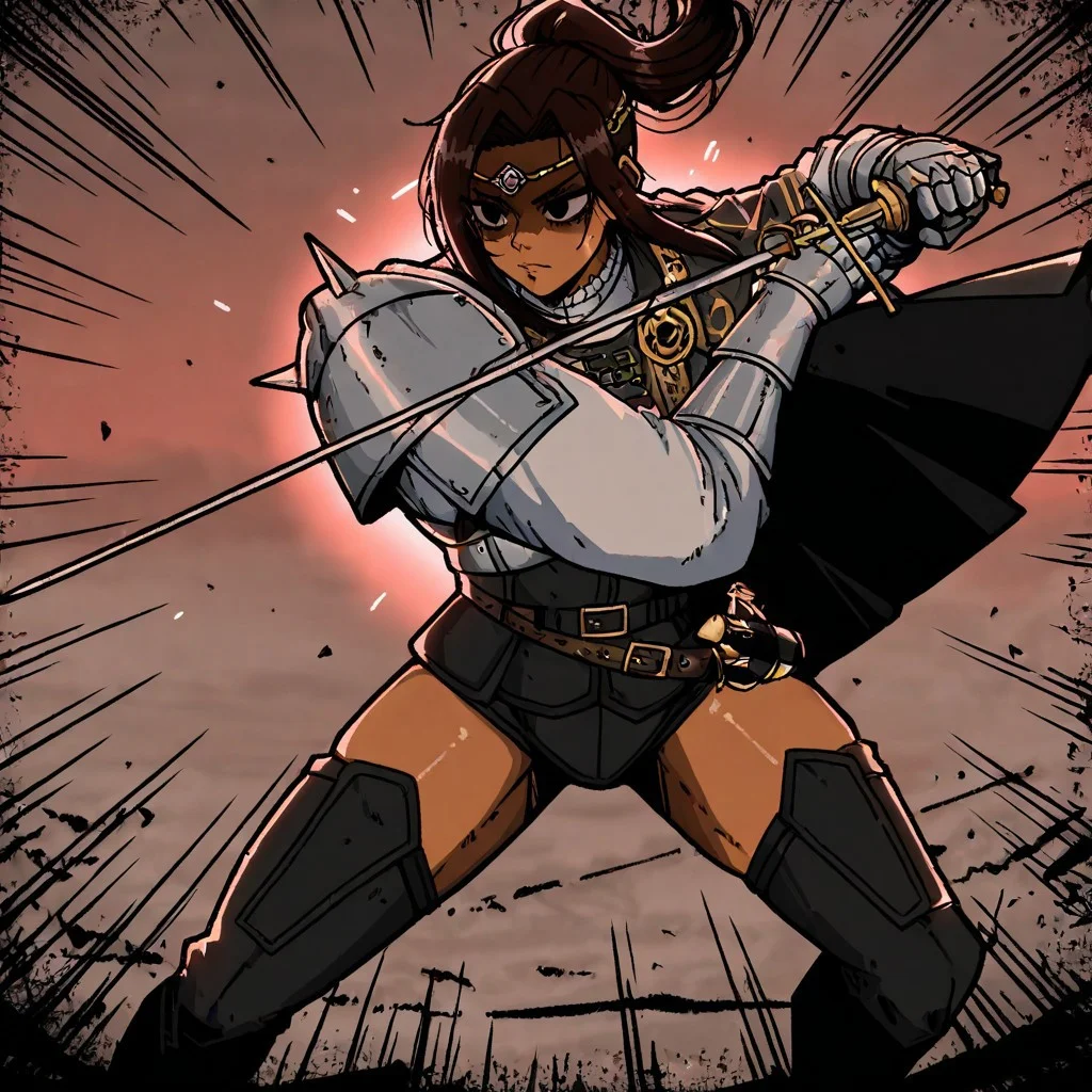 masterpiece, best quality, newest, absurdres, highres,
black eyes, shaded eyes, mark_gavatino, mark gavatino style,
DDstyle, official style,
1girl, DDDuelist-V1.1, dark skin, dark-skinned female, armor, circlet, cape, belt, dredlocks, brown hair, gauntlets, belt,
holding, holding weapon, holding sword, sword, dynamic pose, fighting stance,