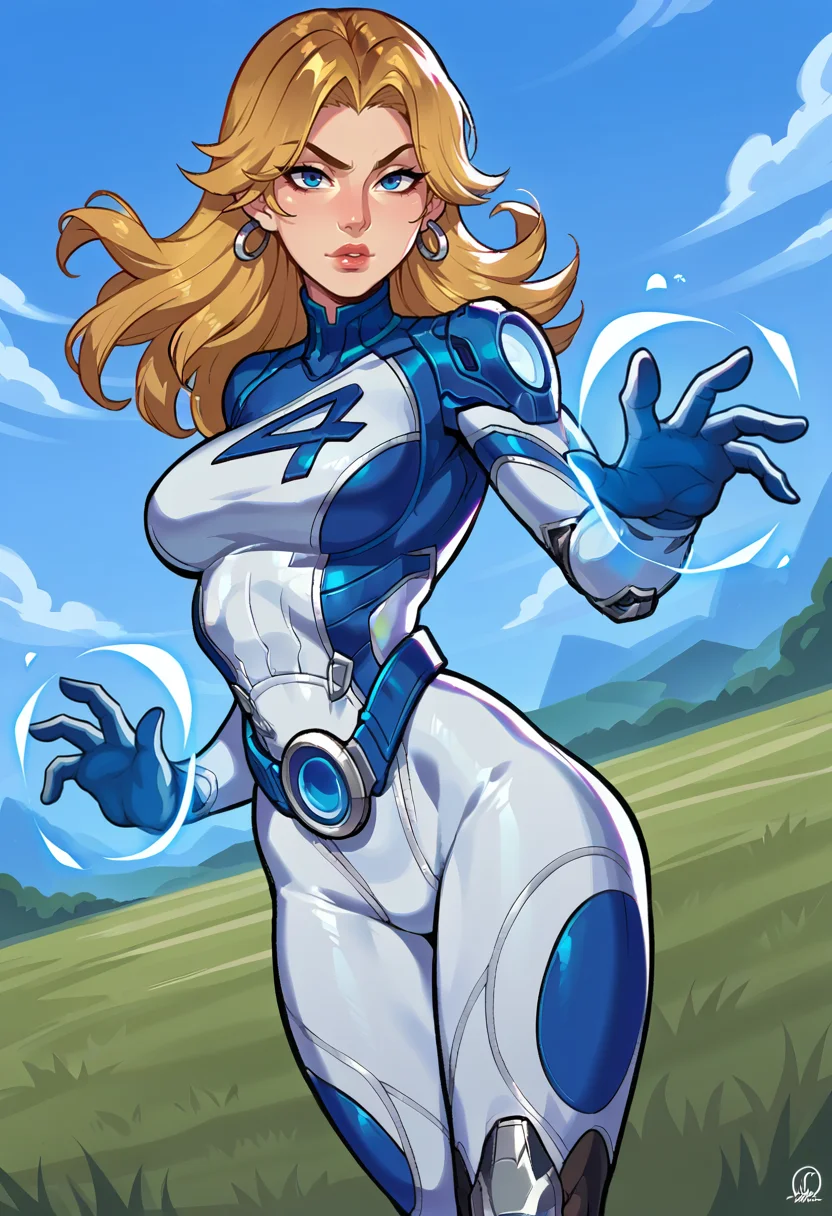 score_9, score_8_up, score_7_up, score_6_up, expressiveh, invisiblewoman_rivals, 1girl, solo, cowboy shot, blonde hair, long hair, eyeliner, blue eyes, earrings, bodysuit, white bodysuit, white clothes, gloves, belt, blue details, looking at viewer, detailed background, posing, dynamic angle, dynamic pose, sexy expression, sexy thighs, narrow waist, dutch angle, blue energy, force field, <lora:Expressive_H:0.3> <lora:GLOSS:0.5> <lora:Lunas-NatTheLich-SDXL-C2:0.5> <lora:fishine_v22m:0.5> <lora:Invisible_Woman_Marvel_Rivals_-_PonyXL:0.7>