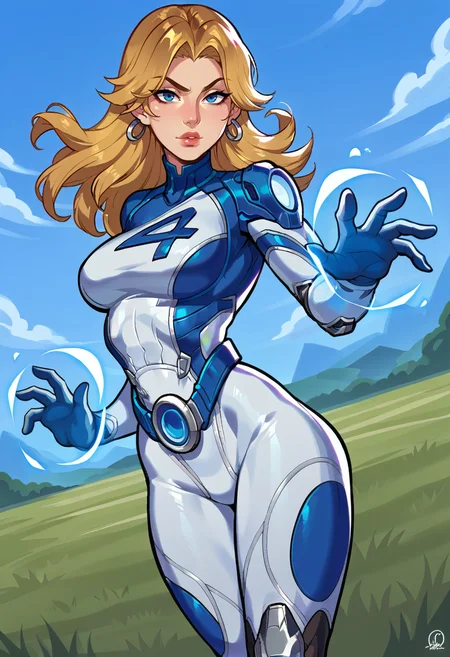 score_9, score_8_up, score_7_up, score_6_up, expressiveh, invisiblewoman_rivals, 1girl, solo, cowboy shot, blonde hair, long hair, eyeliner, blue eyes, earrings, bodysuit, white bodysuit, white clothes, gloves, belt, blue details, looking at viewer, detailed background, posing, dynamic angle, dynamic pose, sexy expression, sexy thighs, narrow waist, dutch angle, blue energy, force field, <lora:Expressive_H:0.3> <lora:GLOSS:0.5> <lora:Lunas-NatTheLich-SDXL-C2:0.5> <lora:fishine_v22m:0.5> <lora:Invisible_Woman_Marvel_Rivals_-_PonyXL:0.7>