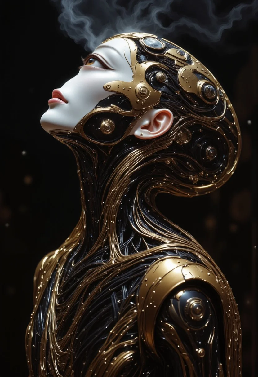 impressionist classical-style painting of a highly detailed, fantasy scene with a dramatic, robotic aesthetic. The central figure is a female robot. Her head and body are made of shiny and smooth metal with multi-colored, exposed wiring going down her neck creating an organic mosaic pattern. She is a biomechanical robot with Chrome Skinned and there are wires jacked into her face. Her cyclops eye is an intense silver color with light silver eyeshadow, and her lips are a rich, deep silver color. There is a missing panel on her cheek. A spot light focuses on her from above. She is bald and is blending in with the dark, smoky, nighttime background. She is facing you and looking up into the sky intensely. The overall impression is one of dramatic beauty, with an almost otherworldly quality. (((ultra-realistic style))), realistic soft lighting, dark, eye-catching, atmospheric lighting, natural, shallow depth of field, (highlights: 0.8), high detail (dynamic, cinematic shot, film grain, bokeh, depth of field,