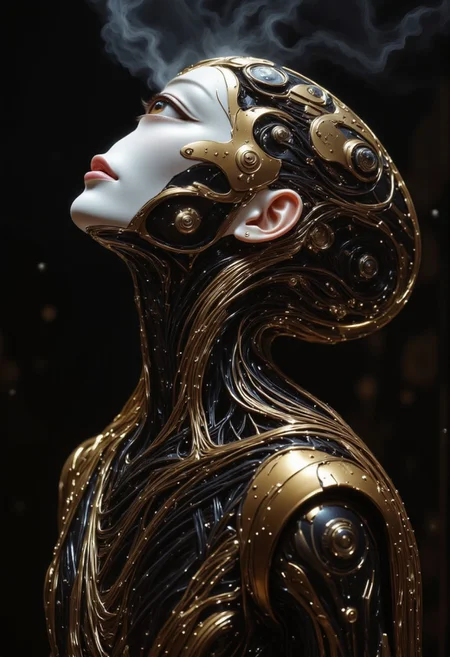 impressionist classical-style painting of a highly detailed, fantasy scene with a dramatic, robotic aesthetic. The central figure is a female robot. Her head and body are made of shiny and smooth metal with multi-colored, exposed wiring going down her neck creating an organic mosaic pattern. She is a biomechanical robot with Chrome Skinned and there are wires jacked into her face. Her cyclops eye is an intense silver color with light silver eyeshadow, and her lips are a rich, deep silver color. There is a missing panel on her cheek. A spot light focuses on her from above. She is bald and is blending in with the dark, smoky, nighttime background. She is facing you and looking up into the sky intensely. The overall impression is one of dramatic beauty, with an almost otherworldly quality.  (((ultra-realistic style))), realistic soft lighting, dark, eye-catching, atmospheric lighting, natural, shallow depth of field, (highlights: 0.8), high detail (dynamic, cinematic shot, film grain, bokeh, depth of field,