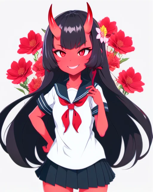 masterpiece, best quality, Lost Ruins, Astarte, cowboy_shot, simple_background, white_background, 1girl, bangs, black_hair, black_sailor_collar, blunt_bangs, colored_skin, flower, hair_flower, hair_ornament, hand_on_hip, horns, long_hair, neckerchief, oni, oni_horns, pleated_skirt, red_eyes, red_oni, (red_skin:1.2), sailor_collar, school_uniform, serafuku, shirt, skin-covered_horns, skirt, smile, solo, white_shirt,  <lora:LostRuins:1>