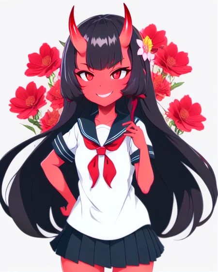 masterpiece, best quality, Lost Ruins, Astarte, cowboy_shot, simple_background, white_background, 1girl, bangs, black_hair, black_sailor_collar, blunt_bangs, colored_skin, flower, hair_flower, hair_ornament, hand_on_hip, horns, long_hair, neckerchief, oni, oni_horns, pleated_skirt, red_eyes, red_oni, (red_skin:1.2), sailor_collar, school_uniform, serafuku, shirt, skin-covered_horns, skirt, smile, solo, white_shirt, <lora:LostRuins:1>