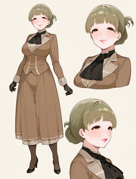 perfect quality, best quality, masterpiece, 1girl, solo, mature female, beige background,
close-up, character sheet, reference sheet, expressions, from side,
black gloves, pantyhose, black ascot, brown jacket, brown skirt, long skirt, high heels,
chiaramarano, tareme, <lora:chiaramarano:1>
takato kurosuke,