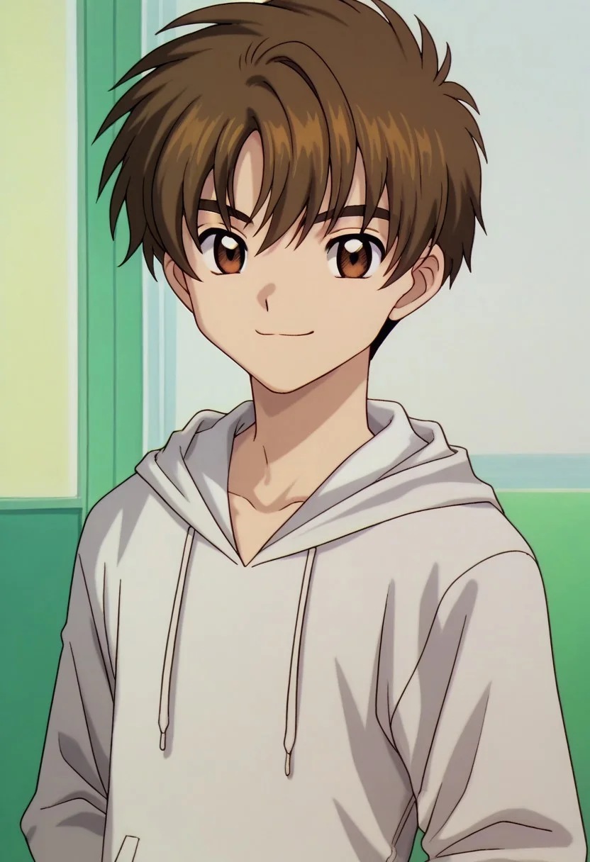 score_9, score_8_up, score_7_up, source_anime, highly detailed, 
syaoran, 1boy, male focus, solo, brown hair, brown eyes, hoodie, hood, smile
indoor,