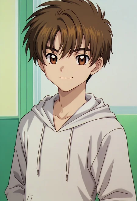 score_9, score_8_up, score_7_up, source_anime, highly detailed, 
syaoran, 1boy, male focus, solo, brown hair, brown eyes, hoodie, hood, smile
indoor,