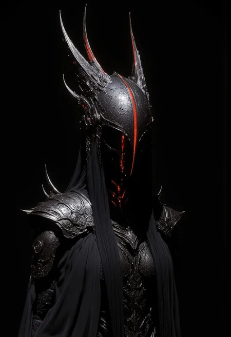 The image is a haunting digital horror artwork featuring a sinister female figure enveloped in a shadowy aura. The subject appears as a humanoid apparition with an eerie, reflective silver skin tone, covered in jagged, dark armor and foreboding jewelry that seems to pulsate ominously. The armor displays twisted designs and rough textures, giving it a malevolent and gothic atmosphere. Her face is shrouded in a hood made of tattered fabric, with glowing red eyes piercing through the darkness, radiating an unsettling and spectral presence. The headdress is grotesque, adorned with a central blood-red gemstone and sinister spikes. Long, ghostly black hair spills from beneath the hood, merging with the shadows that surround her. Chains and cursed relics dangle from her armor, introducing an overwhelming sense of dread and complexity to her design. The background is a dark void, heightening the focus on the character while amplifying the horrific and otherworldly themes of the artwork. Concept art, horror contest winner, hd, 4k, 8k, unsettling, shadow play, ominous lighting, dramatic, atmospheric, hyper detailed, hyper realistic, masterful creation, high resolution, HDR, terrifying and ornate digital art, chilling, intricate, horror aesthetic + 8k,aidmaMJ6.1, perfection style