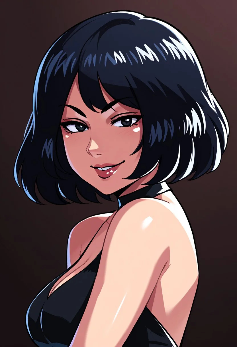 score_9, score_8_up, score_7_up, score_6_up, score_5_up, score_4_up, source_anime, <lora:confetti-extract- ponyxl:0.85>, detailed eyes, easynegative, rating_explicit, Expressiveh, 1girl, solo, ceo, lips, asían woman, young lady, beautiful, short hair, black hair, black eyes, red lipstick, red lips, pale skin, black dress, tube dress, Big breasts, jewelry, Bob hair cut, smiling to viewer, tight dress