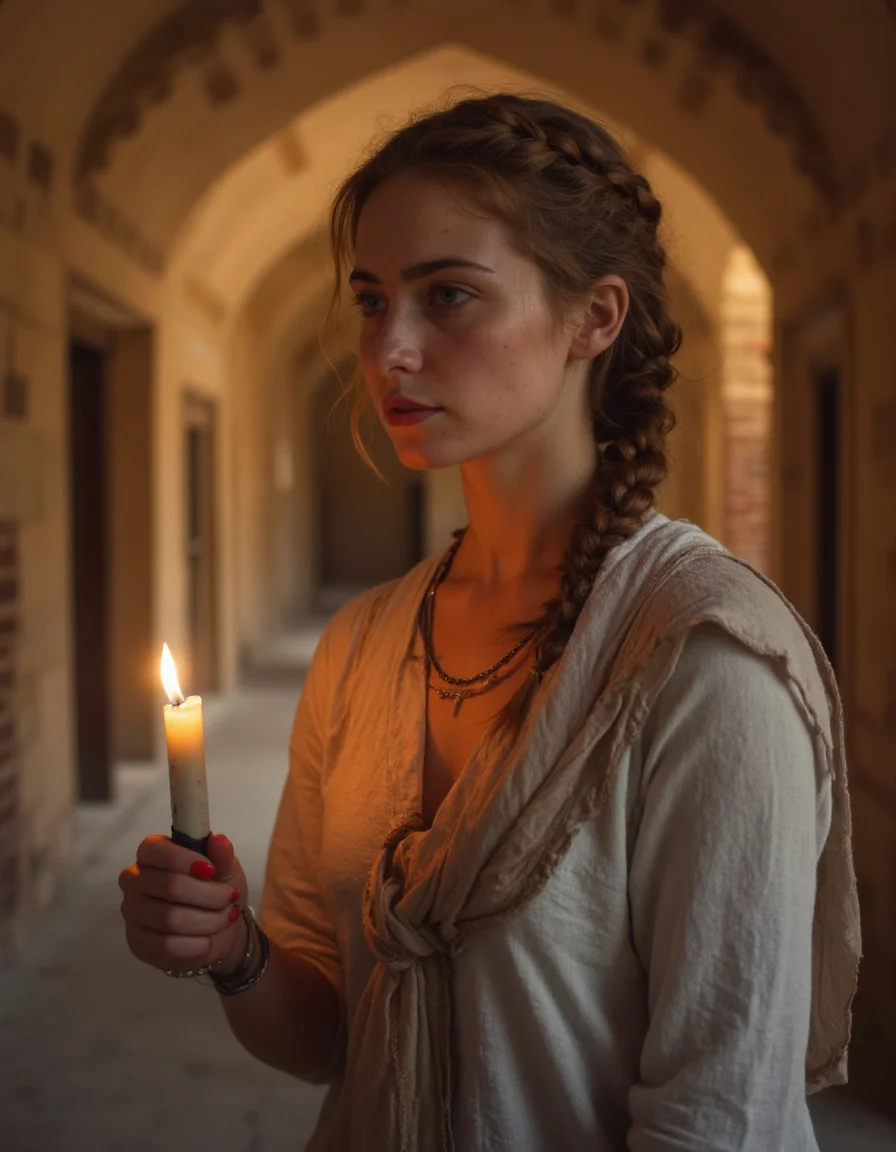a fitness woman,Side braid,Ginger hair,extreme wide shot,Bhangarh Fort India,(detailed masterpiece intricate details award winning lots of details),Kodak Ektar 100,Candle light,<lora:real-lora:1>