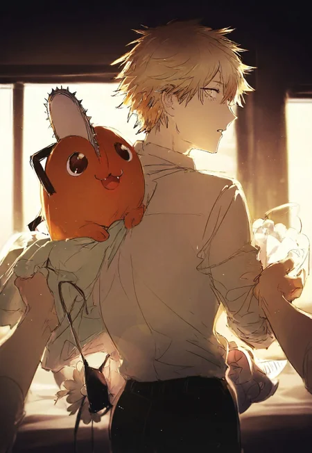 (rella:1.2), chainsaw man, denji \(chainsaw man\), pochita \(chainsaw man\), 1boy, black pants, blonde hair, bouquet, chainsaw, collared shirt, cowboy shot, creature, eyepatch, from behind, holding, holding bouquet, holding creature, long sleeves, looking back, male focus, out of frame, pants, parted lips, pov, pov hands, profile, shirt, short hair, solo focus, unworn eyepatch, white shirt, yellow eyes, dark, light, light particles