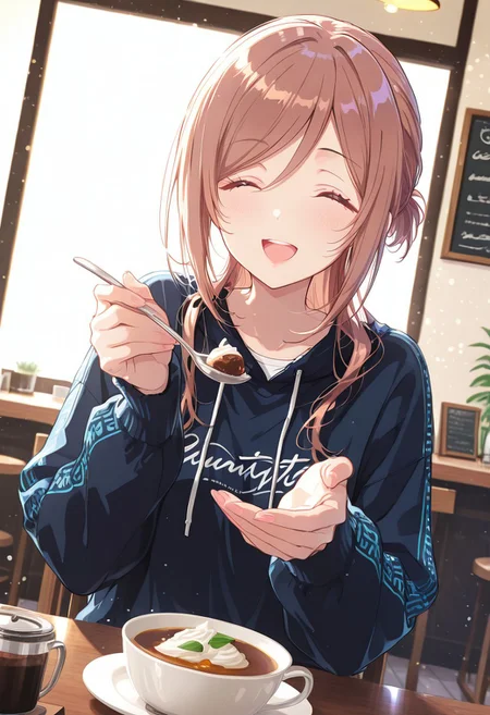 1girl, solo, gakumas, rinami, incoming food, feeding, holding spoon, happy, pov, cafe, BREAK styling pose, fashion pose, sexy posing, dynamic angle, manimani,simple background, bloom, soft lighting, BREAK perfect details, masterpiece, best quality, ultra-detailed, best illustration, high resolution, extremely detailed CG, unity 8k wallpaper, super detailed skin, perfect anatomy, detailed, cinematic lighting, dynamic lighting, light particles, beautiful detailed eyes, absurdres, very aesthetic, detailed background, depth of field