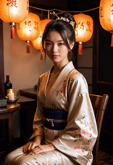 score_9, score_8_up, score_7_up, cinematic fine-art photo of a Asian woman wearing a modern silk kimono, hair in an elegant updo with soft tendrils, soft gold lighting from a paper lantern, sitting near a shoji screen, subtle expression of longing, gentle shadows defining her face, glowy highlights on silk fabric, ultra-detailed texture rendering, warm color palette, a quiet blend of tradition and contemporary minimalism, emotive and timeless aesthetic