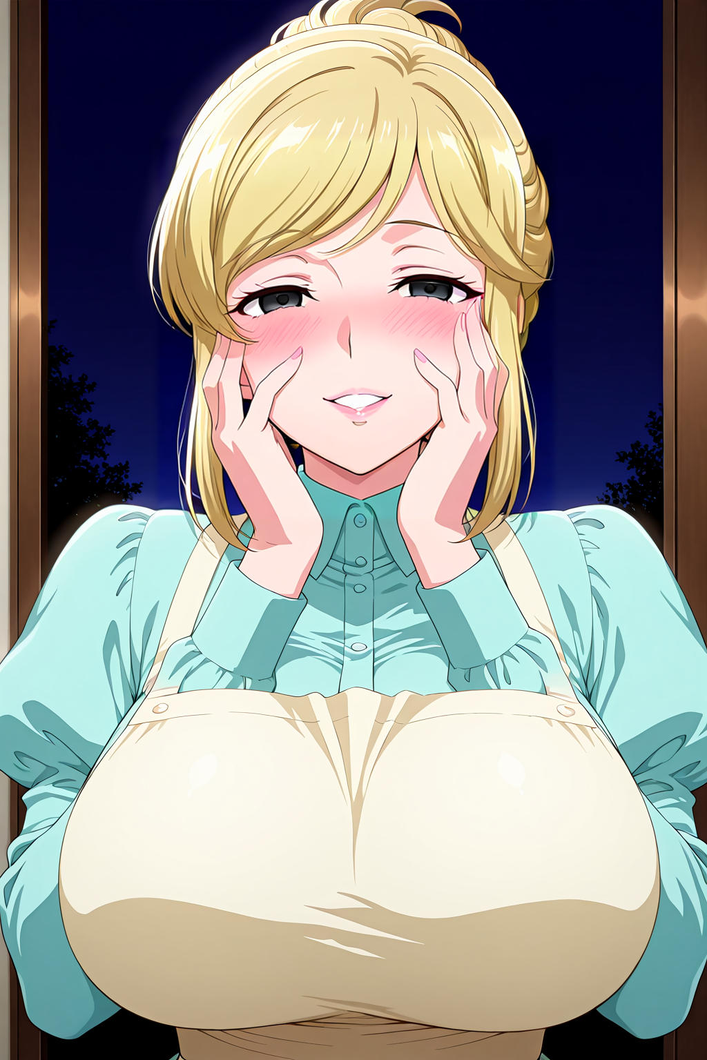 front view,yandere, yandere trance, yandere smile, holding face with two hands,blush, 
1girl,mature female,milf,huge breasts,upper body,looking at viewer,
Best quality,masterpiece,soft light,official art,high quality,highres,absurdres,epic scene,natural textures,<lora:Eri Aizawa IL:1>,eri aizawa,blonde hair,sidelocks,black eyes,apron,juliet sleeves,