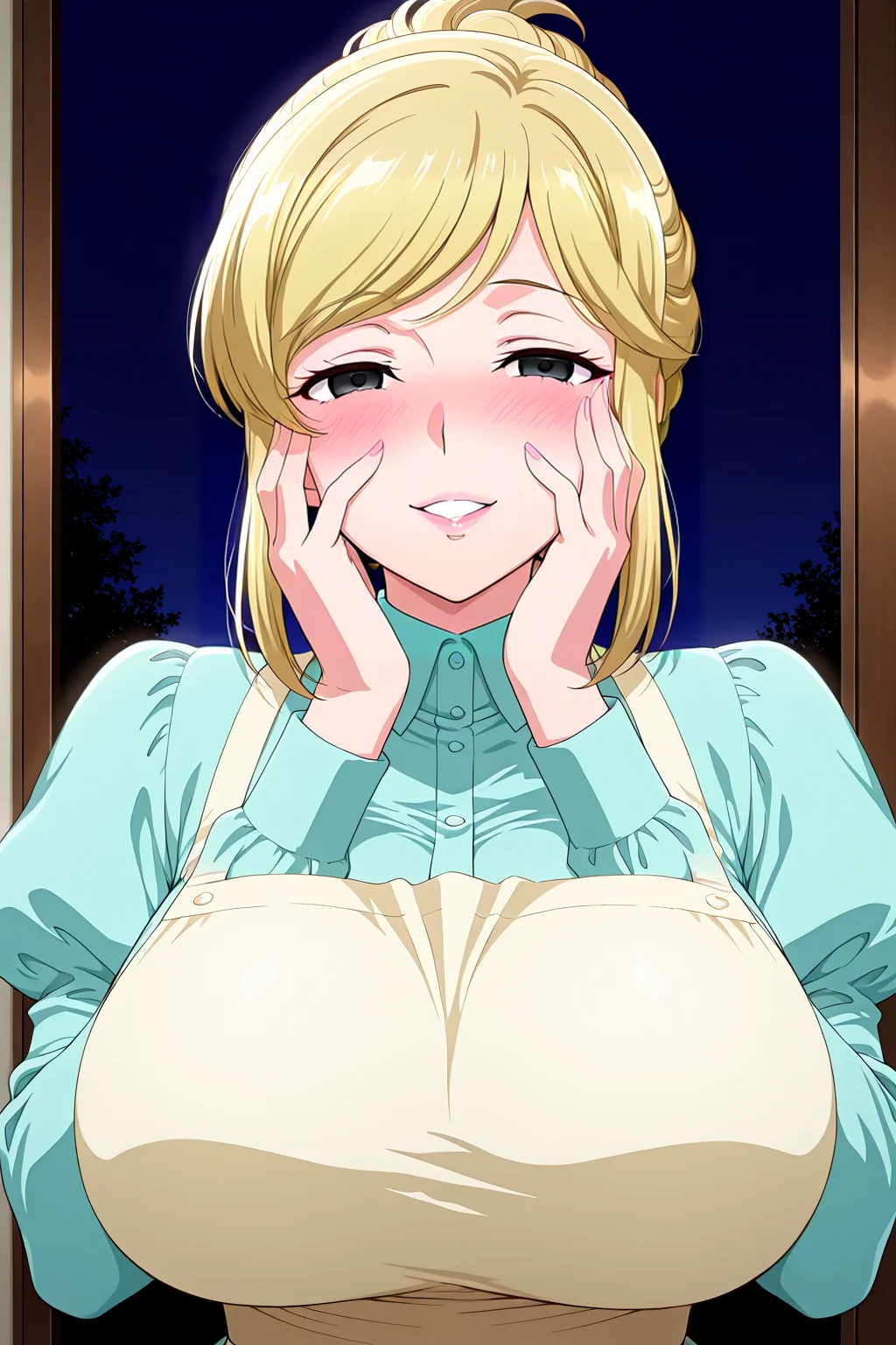 front view,yandere, yandere trance, yandere smile, holding face with two hands,blush, 
1girl,mature female,milf,huge breasts,upper body,looking at viewer,
Best quality,masterpiece,soft light,official art,high quality,highres,absurdres,epic scene,natural textures,<lora:Eri Aizawa IL:1>,eri aizawa,blonde hair,sidelocks,black eyes,apron,juliet sleeves,
