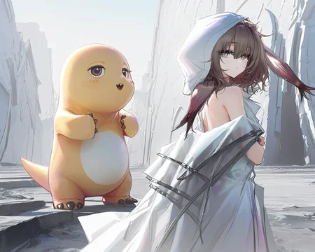 (artist:ciloranko:0.8),[artist:hiten],[[artist:wlop]],[artist:WANKE],[artist:modare],artist:ningen mame,aritst:deadflow,
masterpiece,best quality,newest,absurdres,amazing quality,very aesthetic,
<lora:nailong_noob_ep50_v1:1.4>,(nailong:1.4),(no humans:1.2),yellow skin,(pokemon \(creature\):1.2),
ADDCOL,(artist:ciloranko:0.8),[artist:hiten],[[artist:wlop]],[artist:WANKE],[artist:modare],artist:ningen mame,aritst:deadflow,
masterpiece,best quality,newest,absurdres,amazing quality,very aesthetic,
hilda \(arknights\),brown hair,medium hair,grey eyes,white dress,off shoulder,hooded coat,open coat,hood up,<lora:hilda(noob)-000009:1>,
1girl,holding,hug,