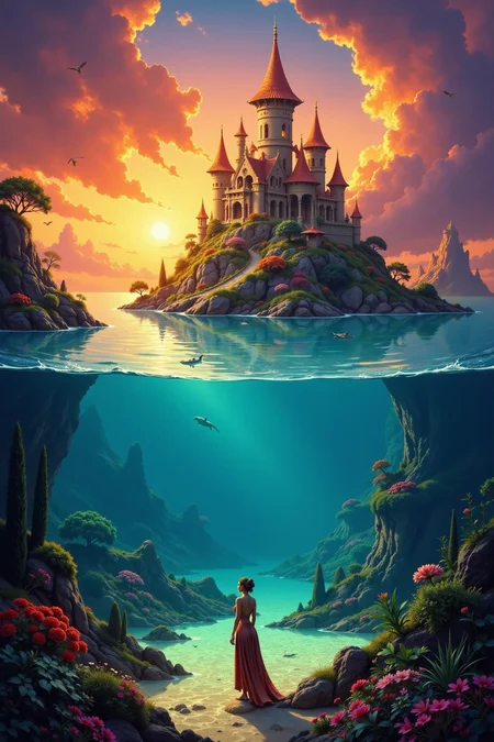 a fantasy underwater palace beautiful  landscape, sunset, woman, very intricate, very detailed, sharp, bright, colorful, <lora:Hand v2:0.5> <lora:Anti-Blur:1><lora:Insane Detail Slider:0.25>  <lora:flux.1_lora_flyway_Epic-detail_v2:0.3> <lora:fluxenhancer:0.25> <lora:ROWER:0.8>  <lora:Anime art - Variant 2:0.6>