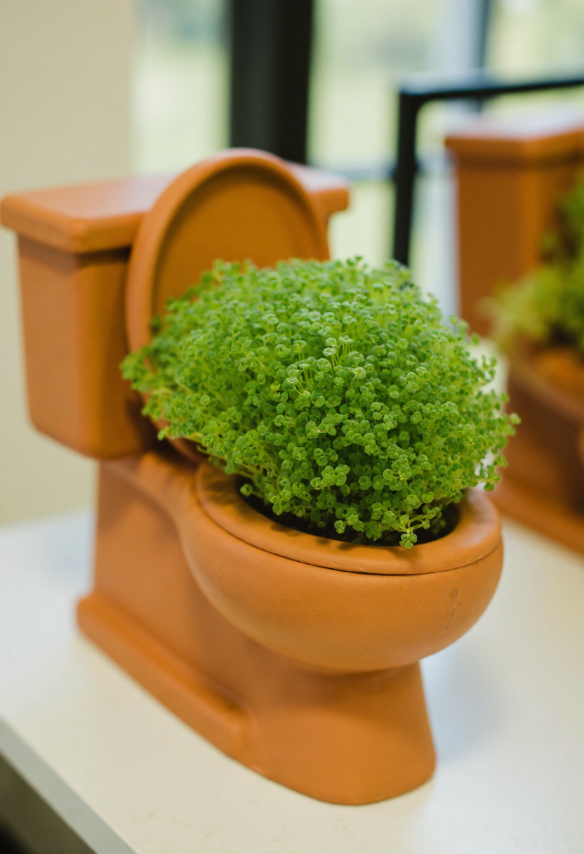 <lora:Chia_Pet_Planter_FLUX-000013:0.8> 
Photograph of a clay toilet, adorned with a lush, vibrant green plant. It is is sitting on a table.