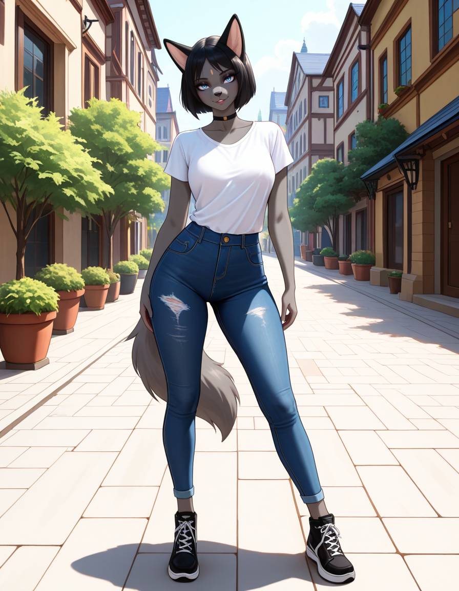 masterpiece, best quality, very aesthetic, absurdres,
outdoors, casual, 
full body, standing, posing, 
 seductive smile, parted lips, long eyelashes,
<lora:Iris_v01_NAIXL:1>
1r15,1girl,solo,furry,furry female,animal ears,black hair,short hair,black hair,blue eyes,animl nose,snout,black choker,body fur,grey fur,