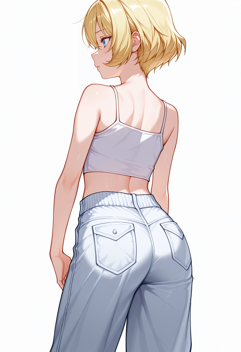 Smooth Quality,masterpiece,very intricate, high quality details, ultra realistic, high detailed skin,detailed enviorement,absurdres,
shaka sign,
 <lora:Lierre_CNR:0.8> lierre_cnr, 1girl, blonde hair, short hair, bangs, blue eyes,, crazy,, simple background, white background, from behind,solo,, tank top, camisole, ,crop jacket,   ,loose pants, ,