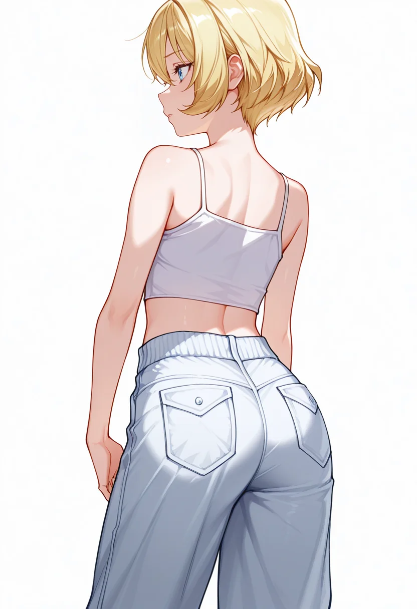 Smooth Quality,masterpiece,very intricate, high quality details, ultra realistic, high detailed skin,detailed enviorement,absurdres,
shaka sign,
 <lora:Lierre_CNR:0.8> lierre_cnr, 1girl, blonde hair, short hair, bangs, blue eyes,, crazy,, simple background, white background, from behind,solo,, tank top, camisole, ,crop jacket,   ,loose pants, ,