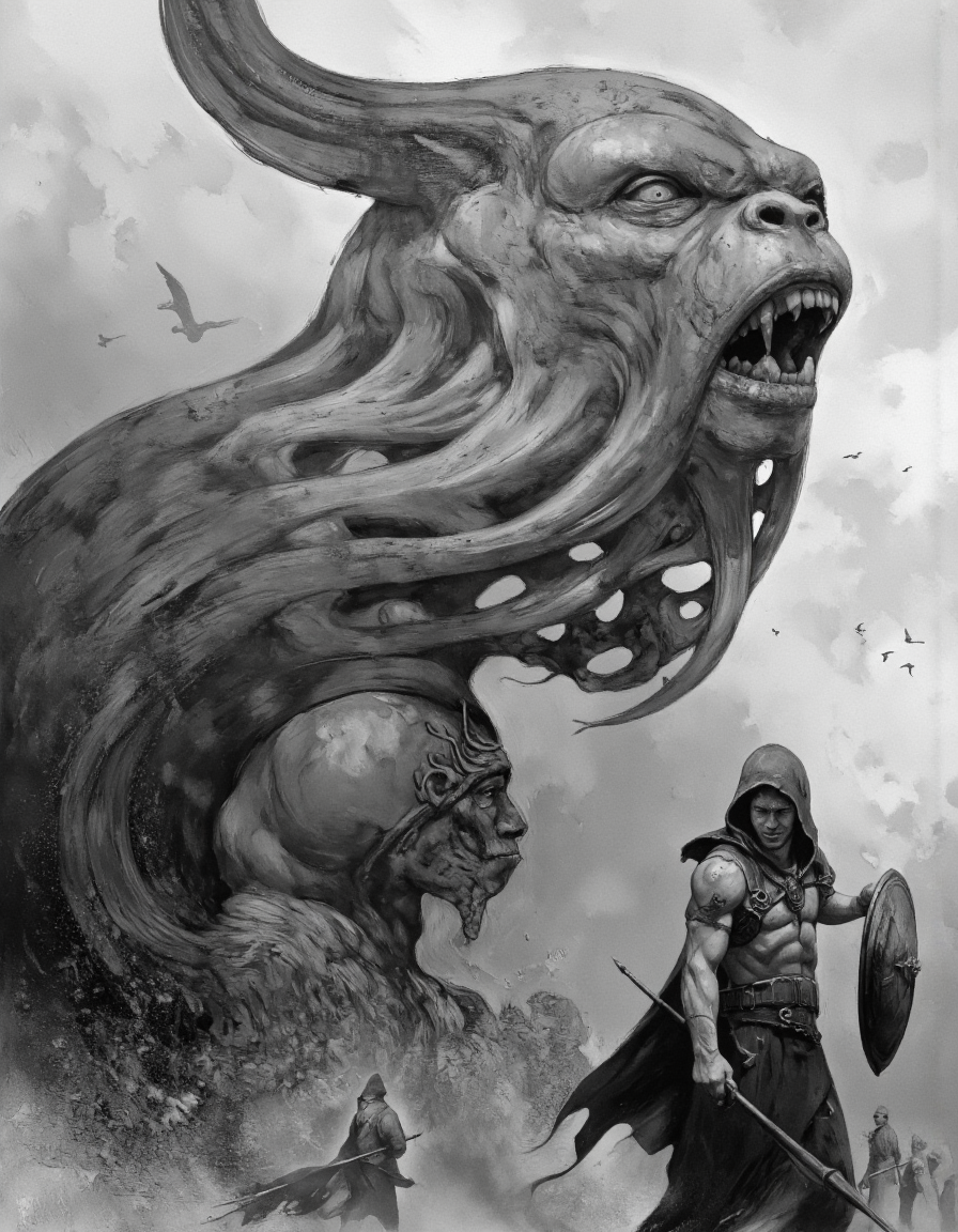 . A dramatic digital illustration shoot from below about a dark, ominous scene featuring a muscular, humanoid figure with a hooded cloak, holding a spear and shield, standing amidst a massive, tentacle-like creature with multiple tentacles extending from its base. the creature is positioned on the left side of the image, facing the viewer with a determined expression, while on the right side, a smaller figure is positioned in the middle, facing away from the viewer. the background is a cloudy sky with a few birds flying in the distance, adding to the ominous atmosphere of the scene. the image is in black and white, with a signature in the bottom left corner, adding a sense of realism to the overall composition.