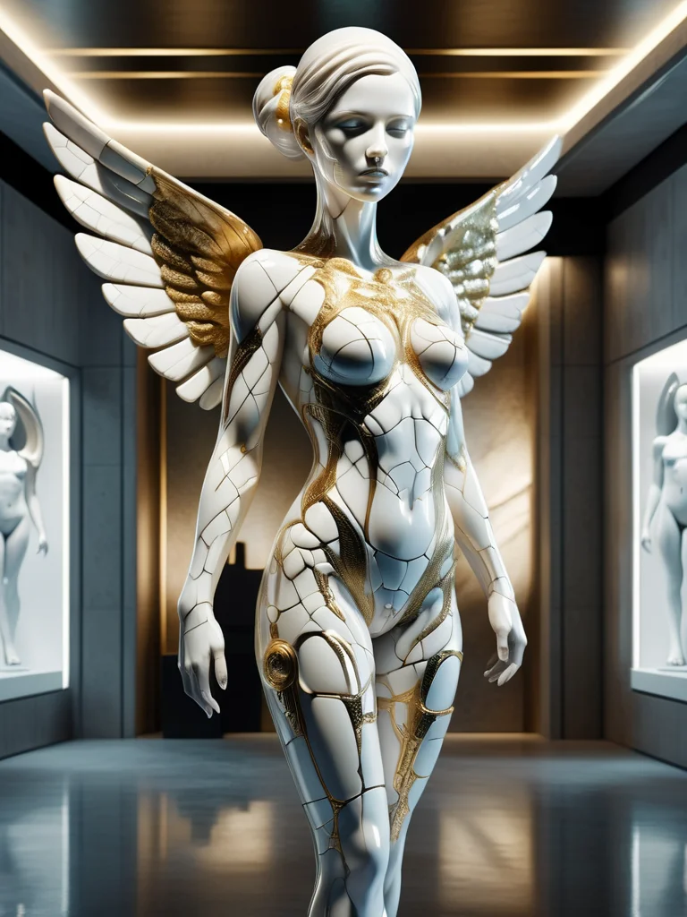 A statue made of white marble with gold veins, of an beautiful gorgeous futuristic cybernetic angel girl, prostheses, transhumanism, full body shot, perfect symmetrical body, perfect symmetrical face, hyper realistic, hyper detailed, by johannen voss, by peter kemp, by monia merlo, by michelangelo, octane render, blender, 8 k <lora:ral-porcelain-sdxl:1> ral-porcelain