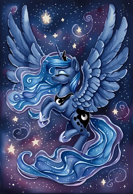 score_9, score_8_up, score_7_up, score_6_up, score_5_up, score_4_up, rating_safe, princess luna, alicorn, female, mare, pony, solo, beautiful, dream, dream walker luna, eyes closed, g4, nebula, space, stars, wallpaper, wings, sweet dreams fuel, spread wings, watercolor painting, traditional art, detailed, beautiful, <lora:MLP_Watercolor_Painting_v1-000006:1>