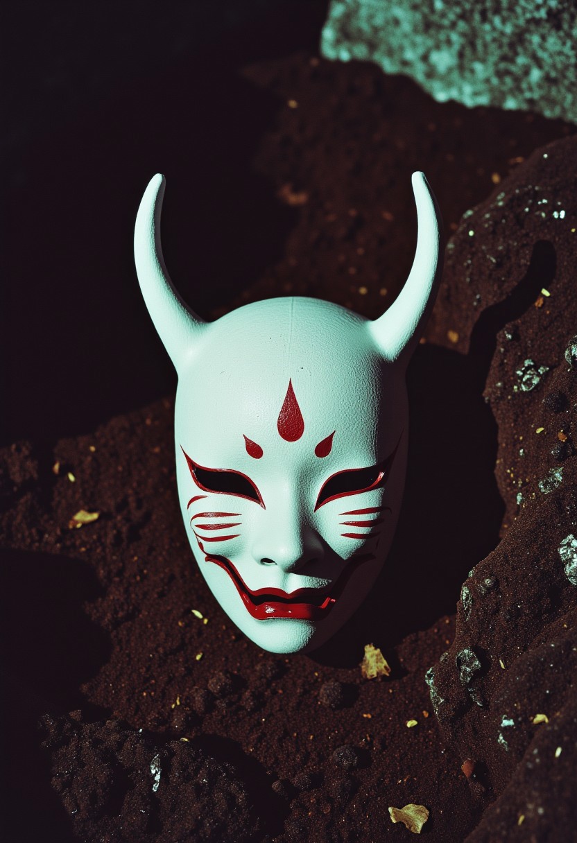 ArsMovieStill, movie still from a 1970s horror movie Studio cursed kitsune mask in a Japanese grave shrine