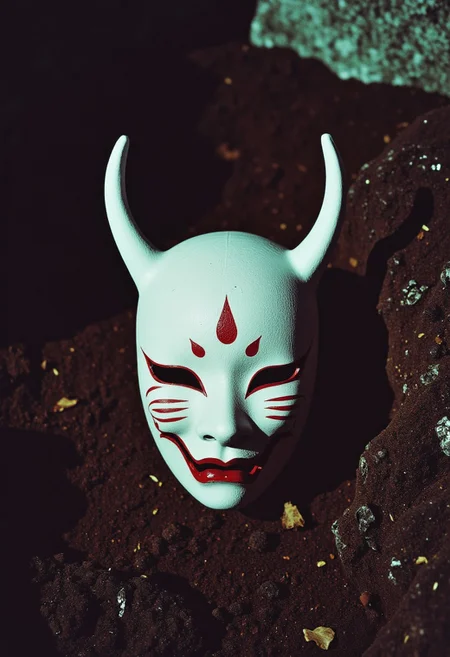 ArsMovieStill, movie still from a 1970s horror movie Studio cursed kitsune mask in a Japanese grave shrine