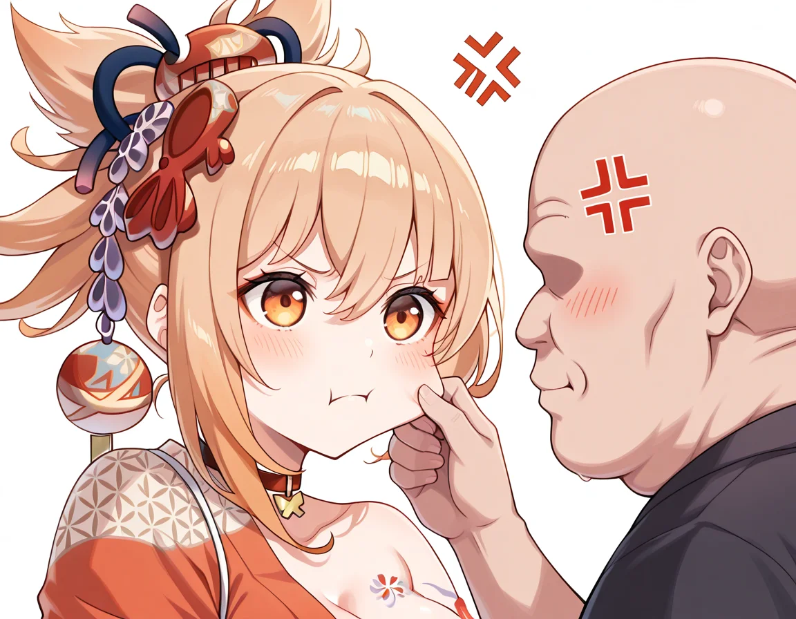 masterpiece, best quality, amazing quality,, <lora:yoimiya-ponyxl-lora-nochekaiser:1>, yoimiya, bangs, blonde hair, hair ornament, hair between eyes, ponytail, sidelocks, orange eyes, light brown hair, tattoo, medium breasts,, <lora:mutual-cheek-pinching-illustriousxl-lora-nochekaiser:1>, mutual cheek pinching, blush, closed mouth, frown, anger vein, angry, pinching, cheek pinching, hetero, looking at another, <lora:faceless-ugly-man-illustriousxl-lora-nochekaiser:1>, faceless ugly man, faceless, ugly man, fat, faceless male, fat, bald, mature male,,