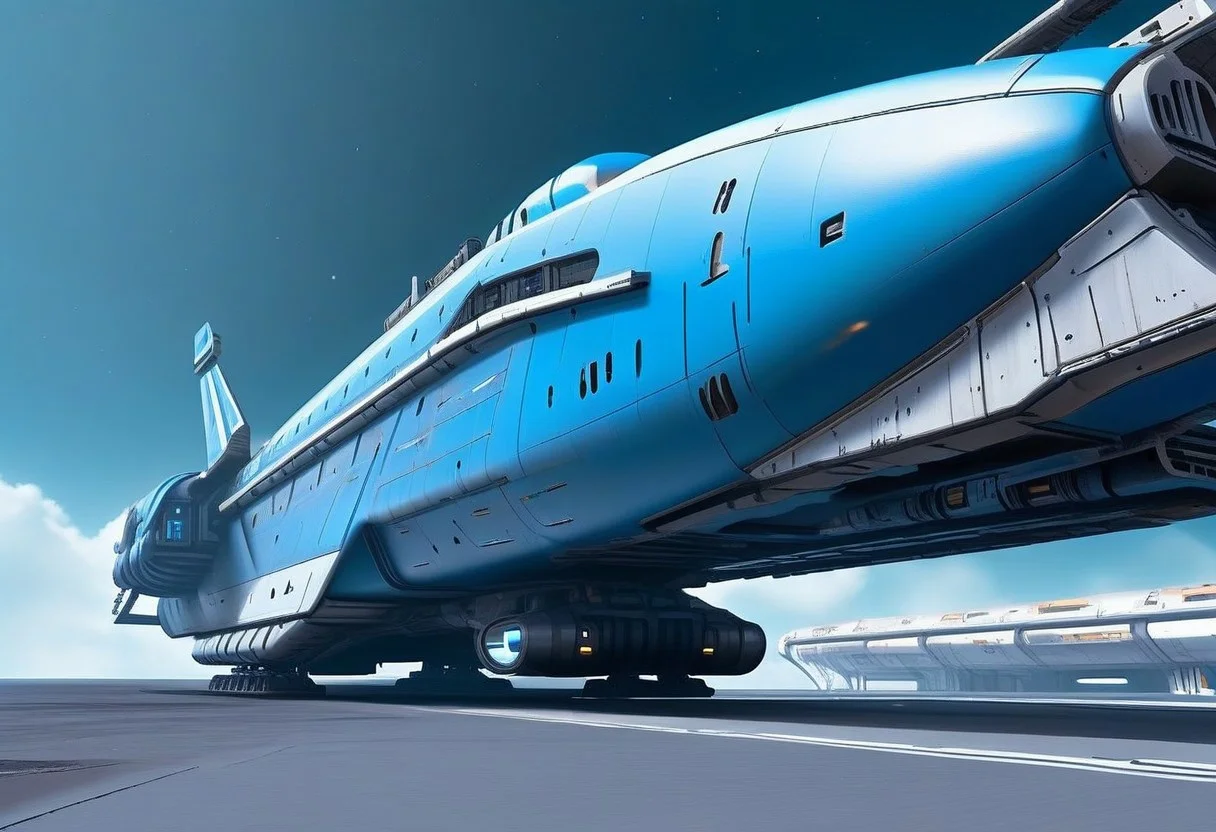 sci-fi, Futuristic, aJed-Rst spaceport, tarmac, (Rusty spaceport buildings):1.3, (((beautiful, hyper realistic, high quality, highly detailed))), sleek blue neotech spacecraft (freighter),