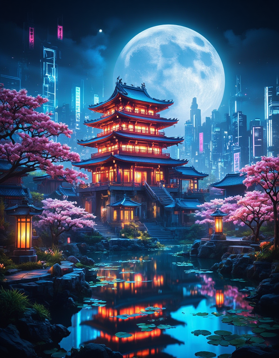 <lora:Cyberpunk_Temples_flux:0.8>  realistic photo, cyberpunk asian temple, neons, cherry blossom, glowing kanji, blue sky, sunny day, glowing flowers, vegetation, on a mountain, stairs, tree, sea, ct_flux, pagoda, sunset, A mesmerizing fusion of traditional East Asian architecture and a futuristic city skyline under the glow of a massive full moon. At the center stands a majestic multi-tiered pagoda, its warm orange and red lights reflecting beautifully in the tranquil water below. Surrounding it are softly lit lanterns, stone pathways, and vibrant cherry blossom trees in full bloom, adding an ethereal charm. The moon, oversized and luminous, dominates the night sky, casting a mystical glow over the entire scene. Towering in the distance, futuristic skyscrapers shimmer in cool tones of teal and violet, creating a dramatic contrast with the serene, nature-infused foreground. The pond is dotted with lily pads, and delicate ripples mirror the scene above with poetic elegance. It's a dreamlike balance between nature, history, and science fiction.