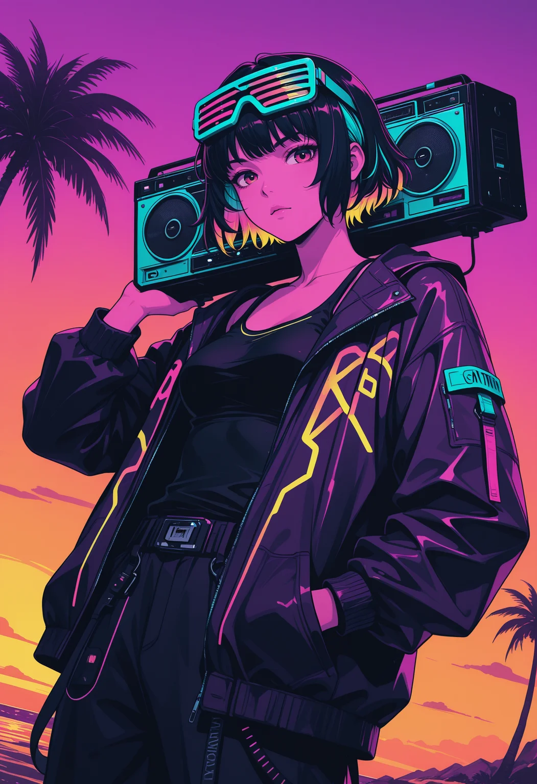 IllusP0s, in the style of cksc, in the style of ck-rw, neon palette, solo, 1girl, short hair, multicolored hair, shutter shades on head, tank top, carrying over shoulder, boombox, open jacket, one hand in pocket, neon trim, looking at viewer, outdoors, palm tree, sunset, dynamic angle, upper body, , <lora:ck-neon-retrowave-IL:0.7> <lora:ck-shadow-circuit-IL:0.5>