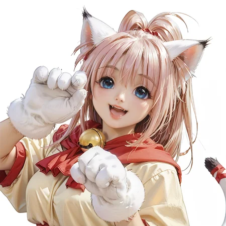 score_9, score_8_up, score_7_up, absurdres, source_anime, 1girl, solo, beautiful eyes, detailed eyes, (white background, simple background:1.3), from below , arms raised in the air, extend arms straight out ,
Melody_Sinclair, paw gloves, paw shoes, cat tail, large breasts,
smile, open mouth, fang, highlights,
pink leotard,yellow dress,yellow skirt,red sash,red scarf,tail ribbon,neck bell,
<lora:PerfectEyesXL:1> perfecteyes, <lora:Melody_Sinclair_v1_rev3-000040:0.8>