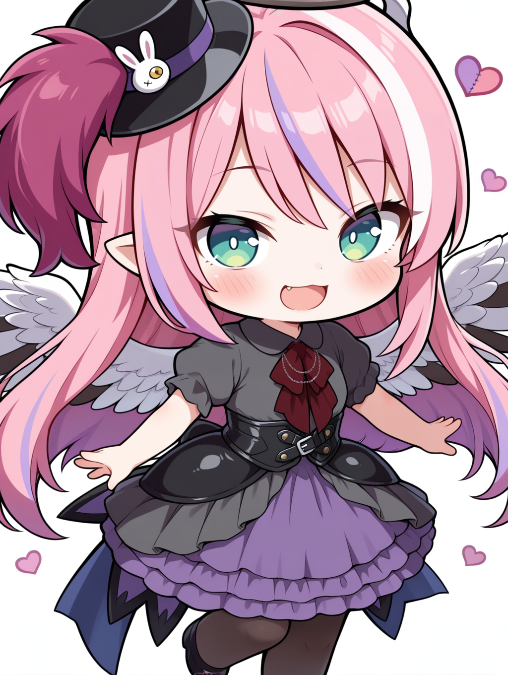 angel,chibi,ghostrick angel of mischief,1girl,solo,open mouth,stitched heart,smile,:d,blush,simple background,looking at viewer,pantyhose,white background,black layered dress,red ascot,black corset,black mini top hat,black shoes,
masterpiece,best quality,amazing quality,very aesthetic,absurdres,newest,<lora:Ghostrick Angel of Mischief illusXL v1:0.75>,