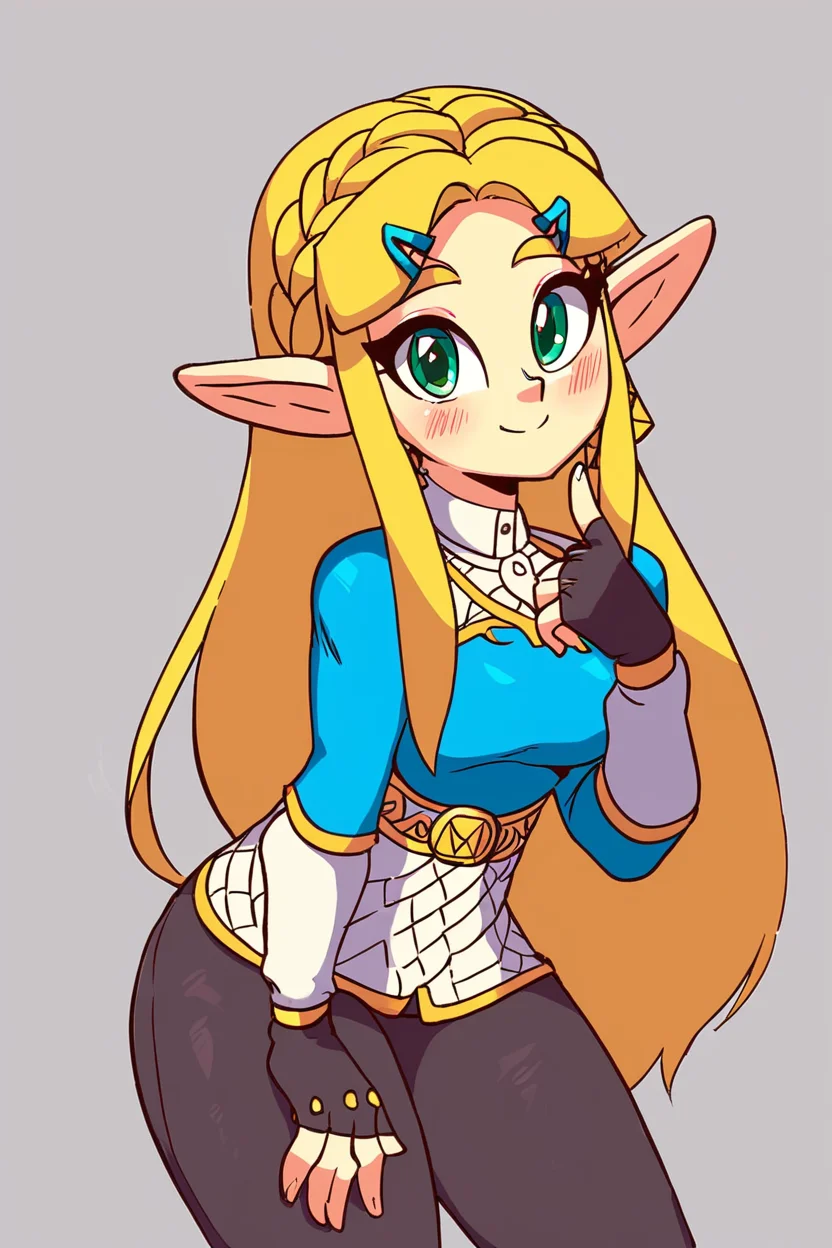 score_9, score_8_up, score_8, medium breasts, cute, eyelashes, princess zelda, long hair, crown braid, hairclip, pointy ears, blue shirt, long sleeves, fingerless gloves, black gloves, black pants, tight pants, green eyes, solo, looking at viewer, smile, blush, <lora:Diives_P1:0.9>,