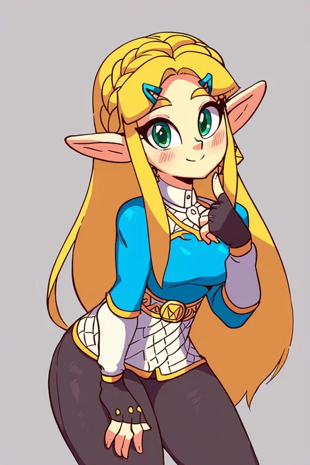 score_9, score_8_up, score_8, medium breasts, cute, eyelashes,      princess zelda, long hair, crown braid, hairclip, pointy ears, blue shirt, long sleeves, fingerless gloves, black gloves, black pants, tight pants, green eyes, solo,  looking at viewer, smile, blush,  <lora:Diives_P1:0.9>,