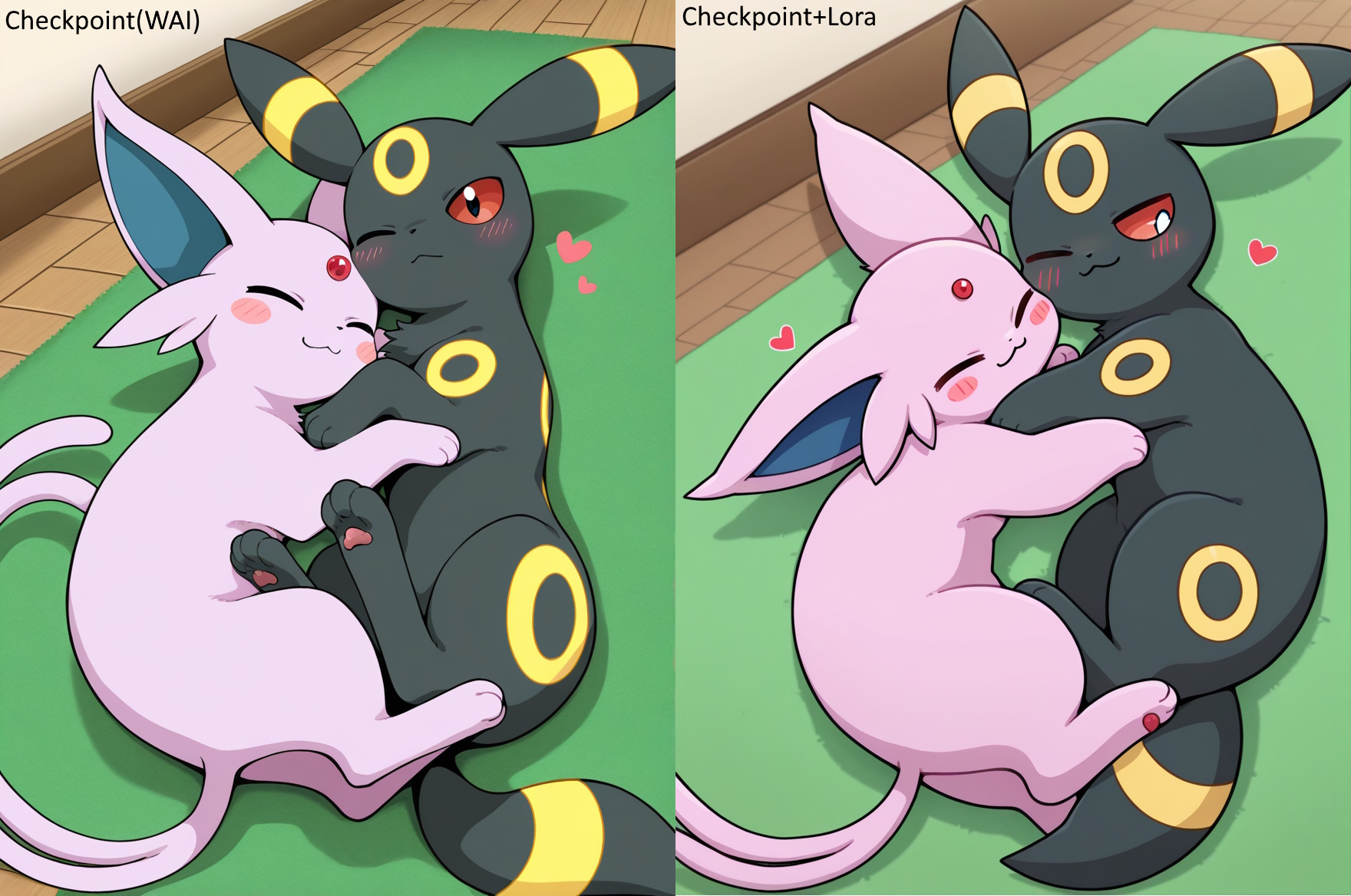 embedding:Smooth Quality, 

by horang, pokemon (creature), feral, feral, full body, blush, 
two pokemon, Umbreon, Espeon, cuddling, closed eyes, one eye closed, blush stickers, closed mouth, :3, heart,

BREAK,

masterpiece, best quality, amazing quality, absurdres,
indoors, wooden floors, green carpet,