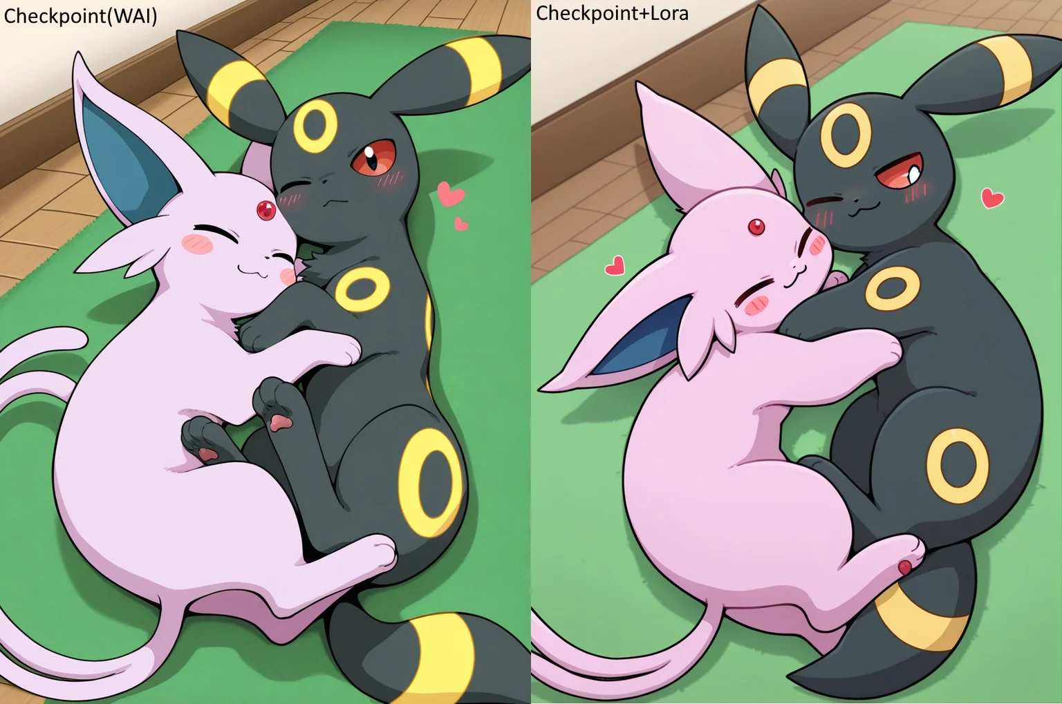 embedding:Smooth Quality,
by horang, pokemon (creature), feral, feral, full body, blush,
two pokemon, Umbreon, Espeon, cuddling, closed eyes, one eye closed, blush stickers, closed mouth, :3, heart,
BREAK,
masterpiece, best quality, amazing quality, absurdres,
indoors, wooden floors, green carpet,