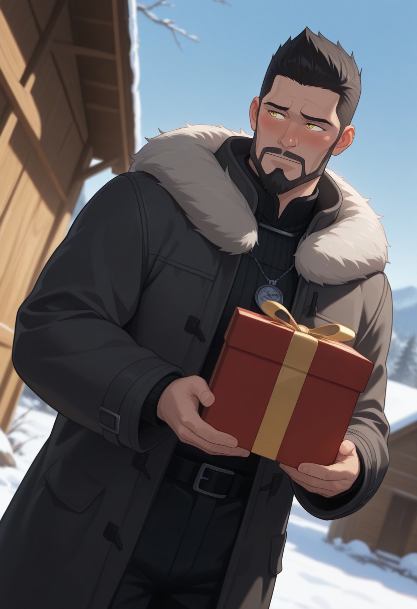 masterpiece, best quality, absurdres, newest, perfect quality, best quality, intricate details, BREAK, 1boy, Vesemir, black hair, short haircut, beard, light yellow eyes, male focus, mature male, muscular BREAK, fur coat, dark gray/black clothes, solo, day, natural lighting,
carrying, holding present
box, blushing, looking
away, furrowed brow, shy, blurry
outdoors snow, blue sky,
wood cabin, dutch angle,
atmospheric perspective,
depth of field,