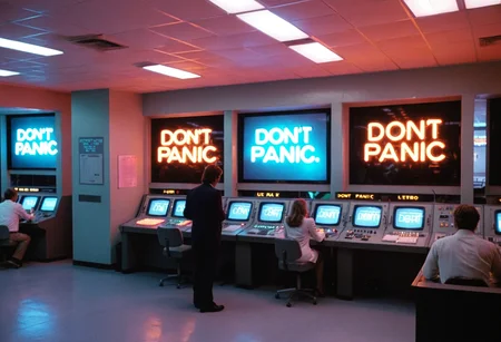 ((bright)) ControlRoom MiamiVice, consoles, lights, neon lights, ((people, screens with glowing letters "DONT PANIC")), highly detailed, 4K, (35mm photo, grainy)